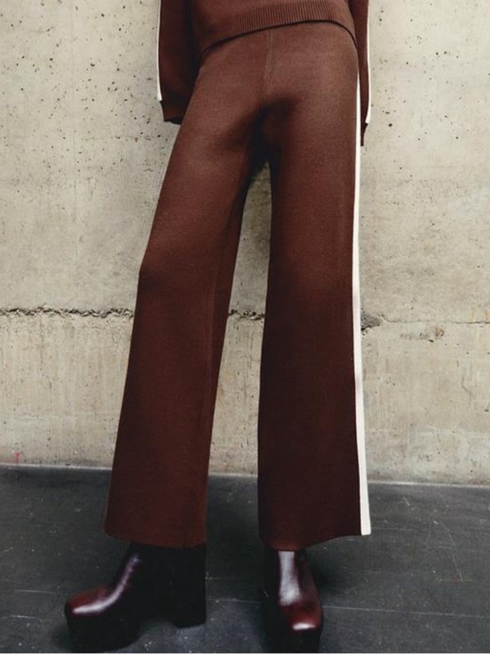 Zara knit Brown Wide Leg Knit Pants with white Side Stripe